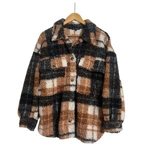 Blu Pepper Sherpa Plaid Shacket Jacket Brown Black Cream Size M